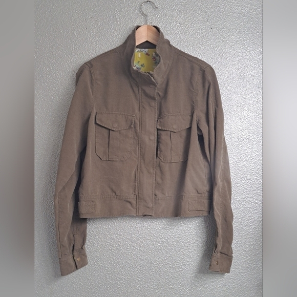 Army Green Cropped Linen Blend Jacket - Picture 1 of 5